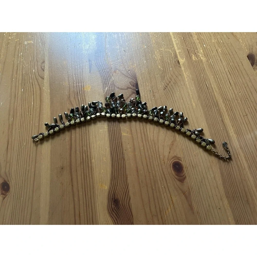 Vintage Beaded Bib Statement Necklace Green Brown Black Adjustable Fringe Boho